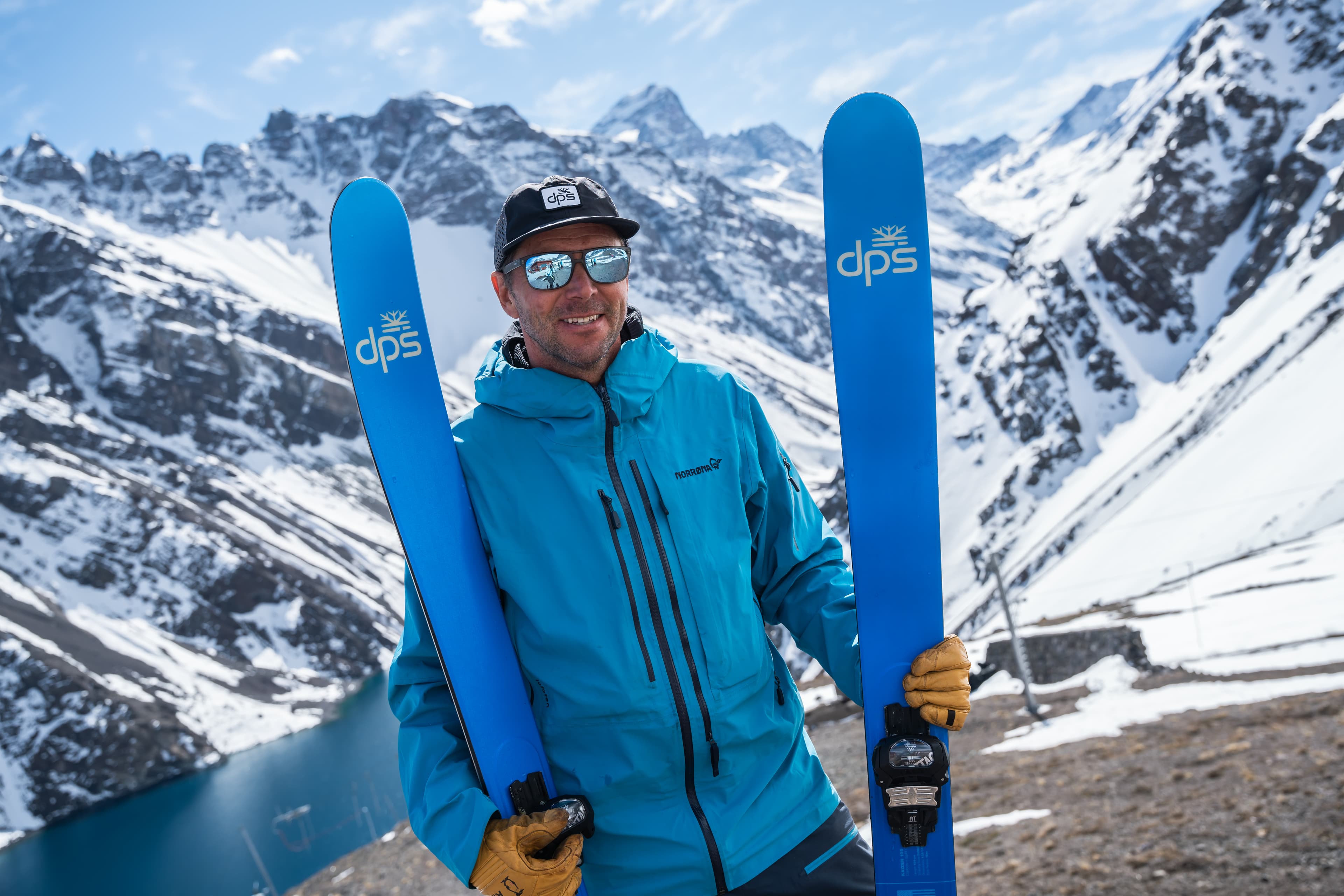 Chris Davenport with DPS skis against the Andes backdrop