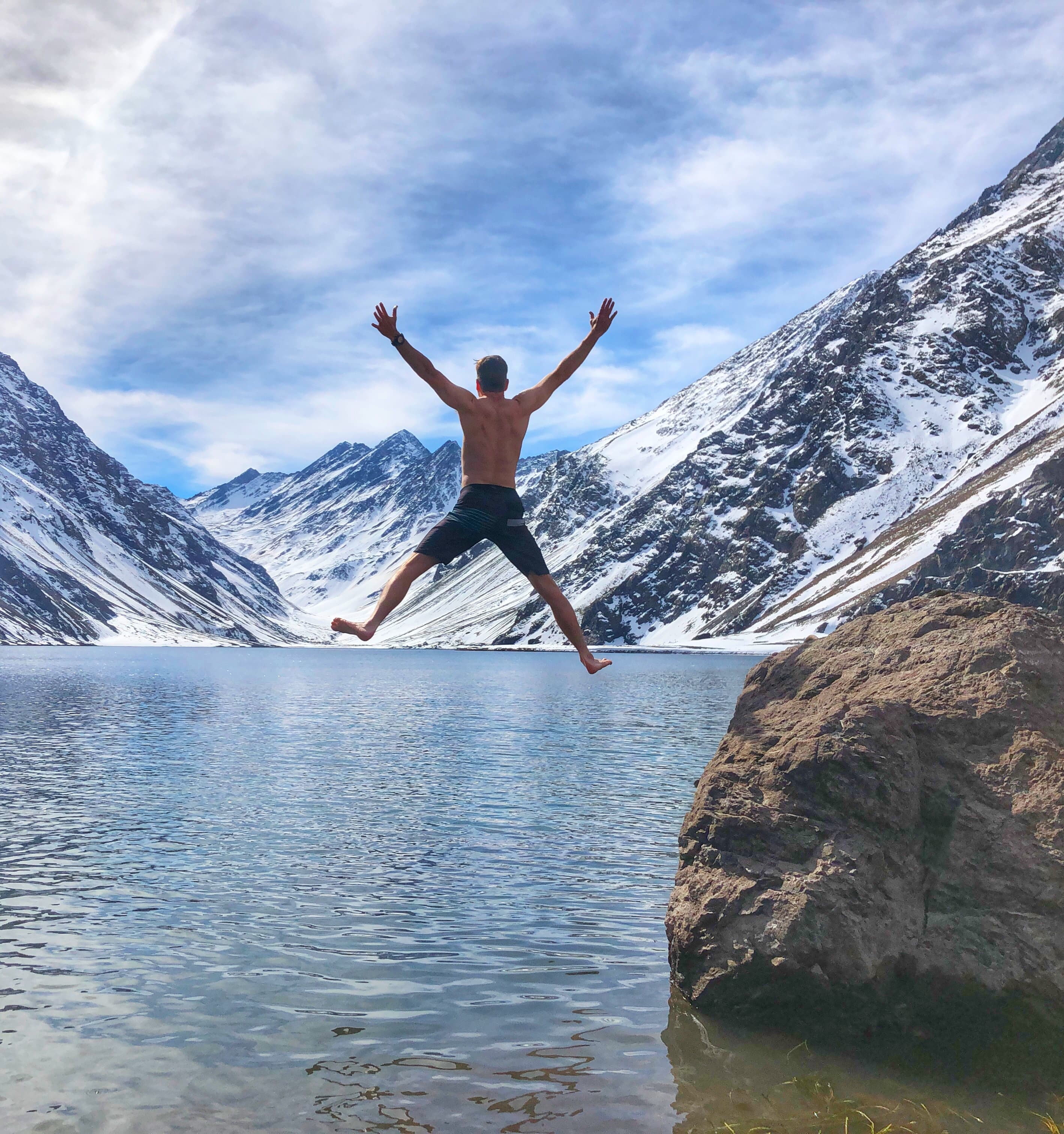 Mike Douglas jumping into the Portillo lake
