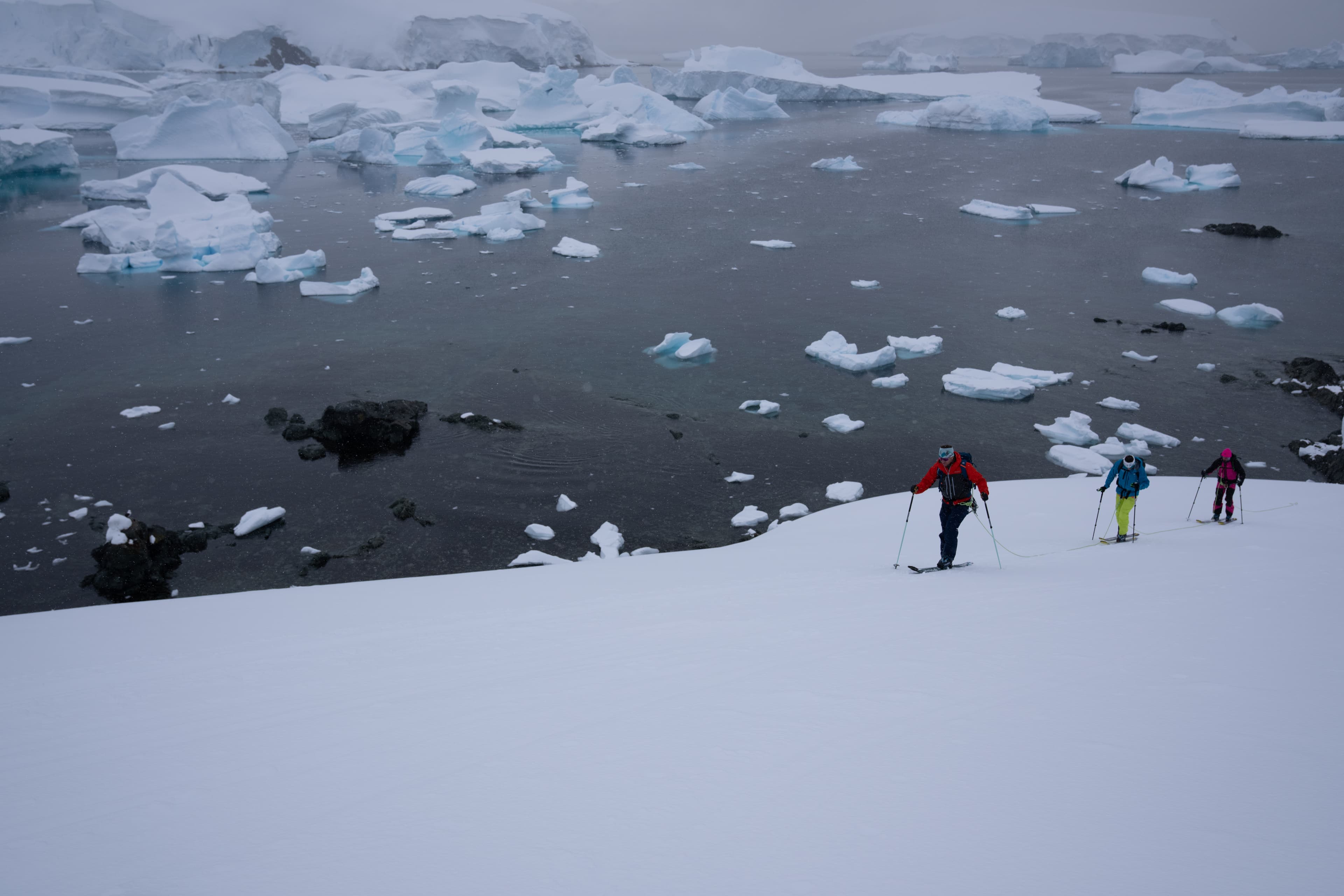 Group skinning above the icebergs in Antarctica