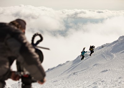 Tom Day filming me and Hugo Harrisson hiking to the summit of Mount Washington, New Hampshire for Warren Miller.